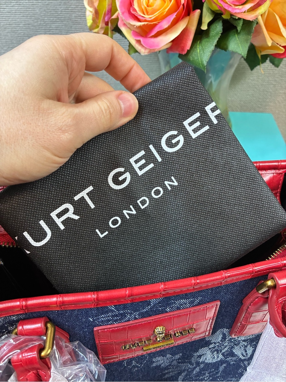 Kurt Geiger Blue Floral Denim & Red Croc Embossed Leather Chiswick Tote - NWT - Picture 12 of 12